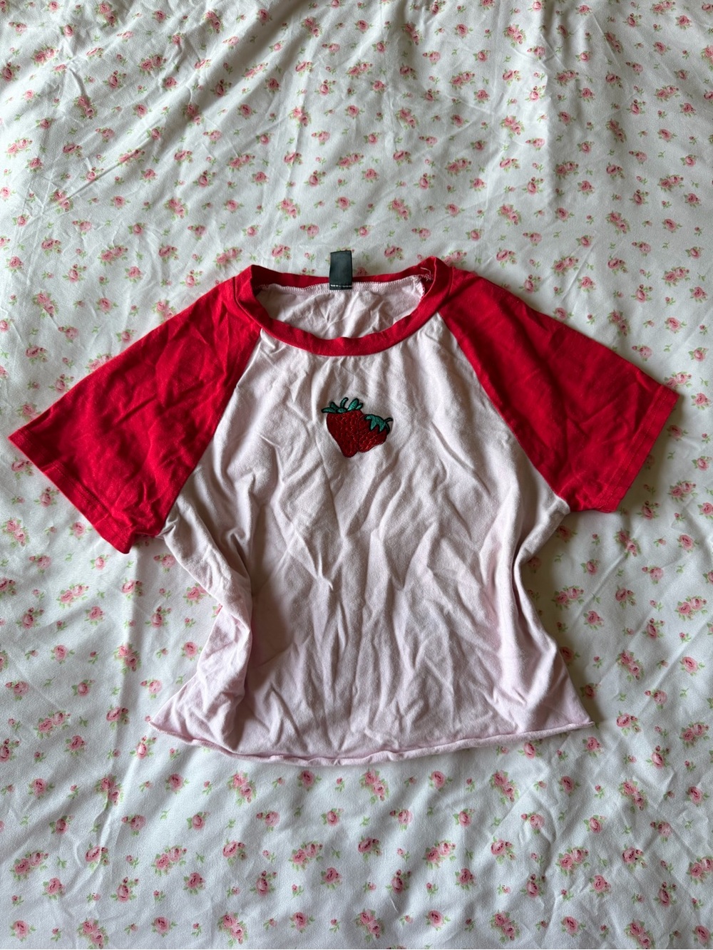 & Other Stories Pink Tee with Red Raglan Sleeves and Strawberry Patch